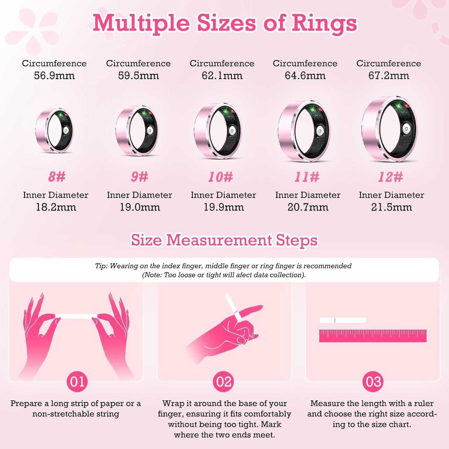 Smart Ring Health Tracker, Sleep Tracker Ring with Heart Rate, Waterproof Fitness Ring for Activity Monitoring/Steps/Distance/Calories,Air Gestures,Up to 7-Day Battery, for Ios Android (Light Pink,#8)