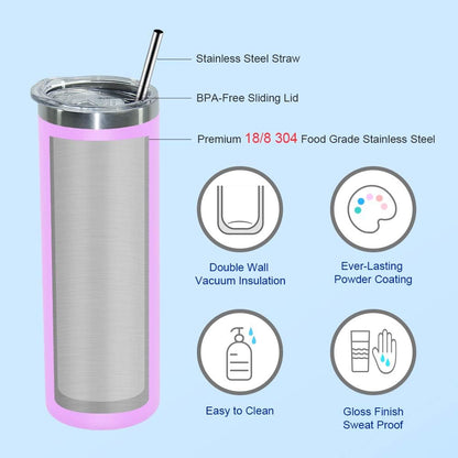 20 Oz Skinny Insulated Tumbler, Stainless Steel Travel Tumbler Cup with Spillproof Lid and Metal Straw, Vacuum Double Wall Matte Pastel Coffee Tumbler for Drinks, Teas, Beverages